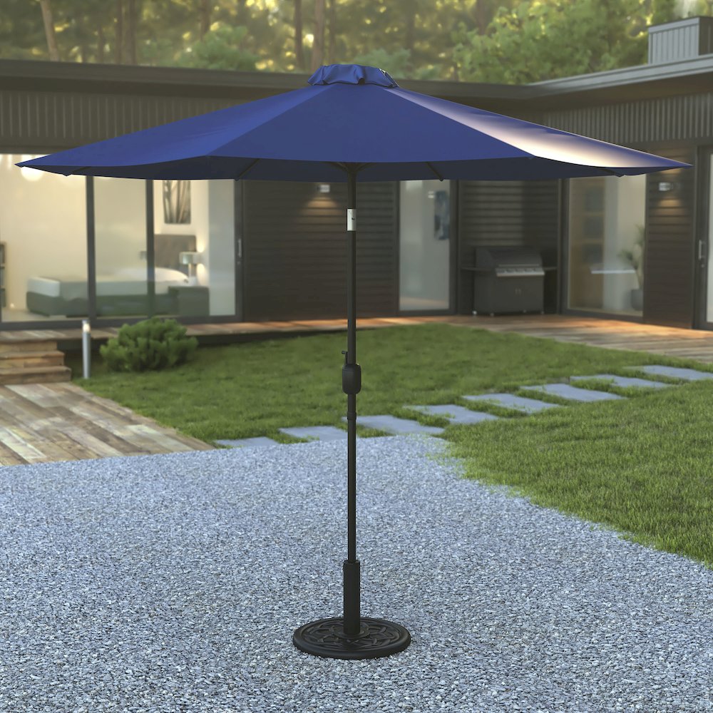 Navy 9 FT Round Umbrella with Crank and Tilt Function and Standing Umbrella Base. Picture 2