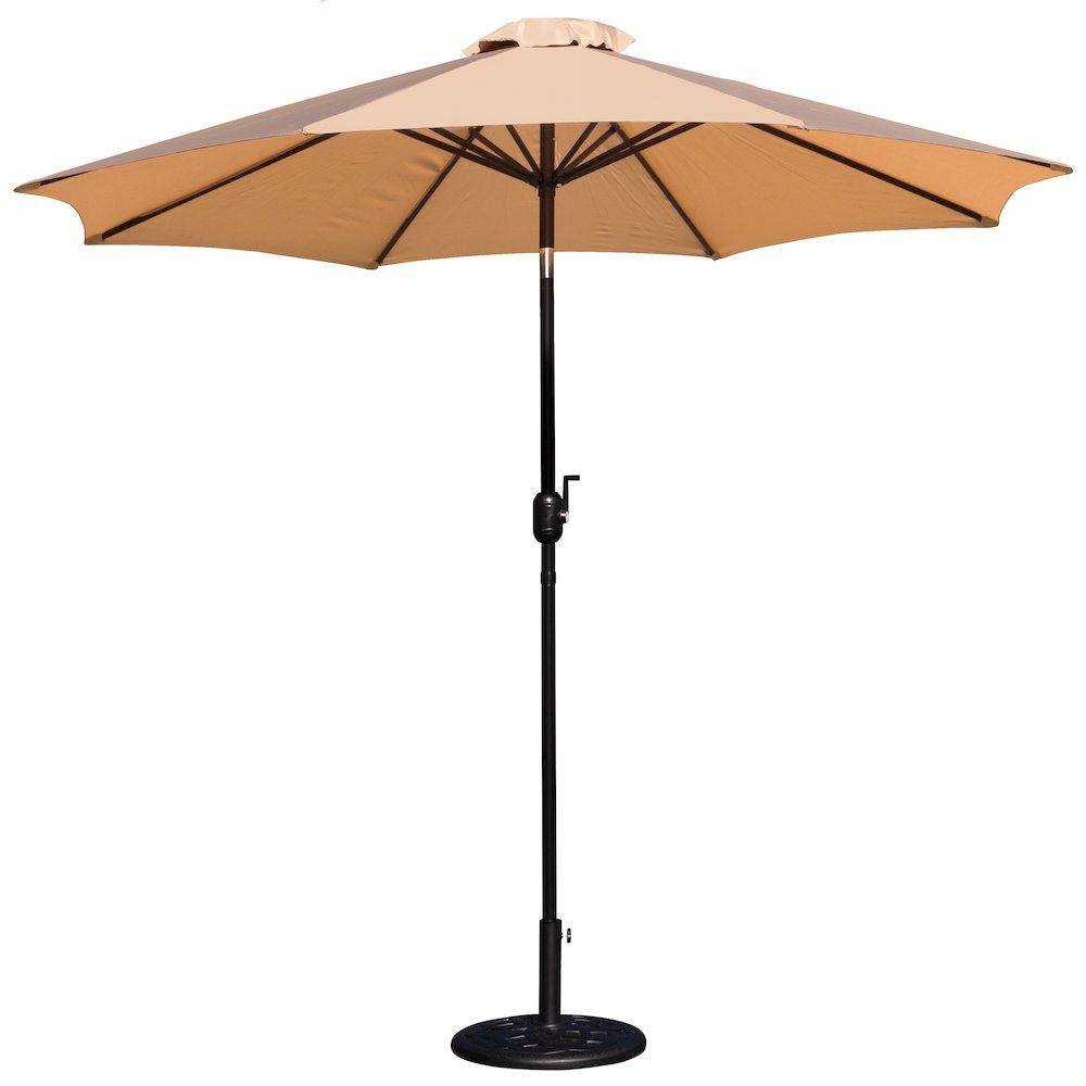 Tan 9 FT Round Umbrella with Crank and Tilt Function and Standing Umbrella Base. Picture 1