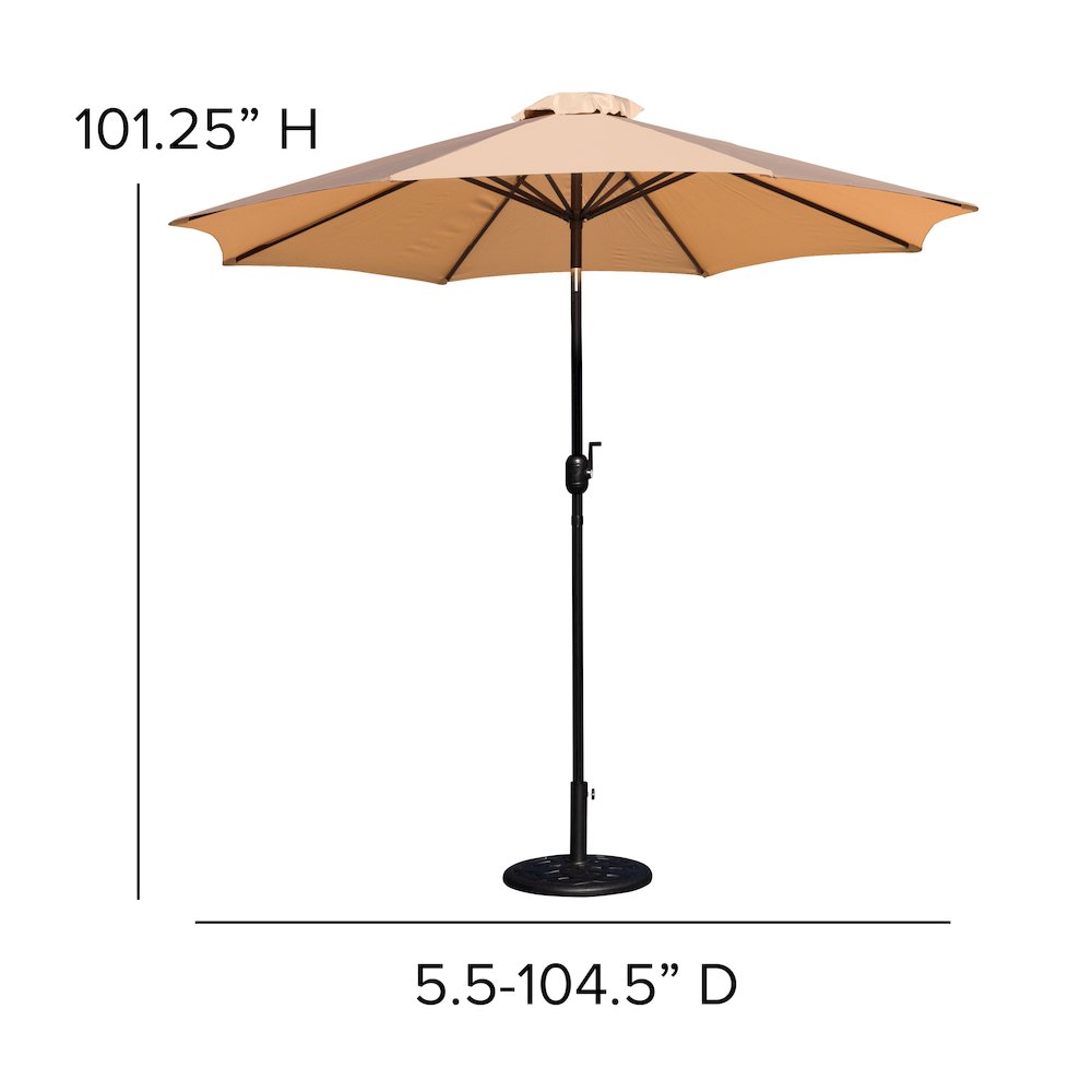 Tan 9 FT Round Umbrella with Crank and Tilt Function and Standing Umbrella Base. Picture 6