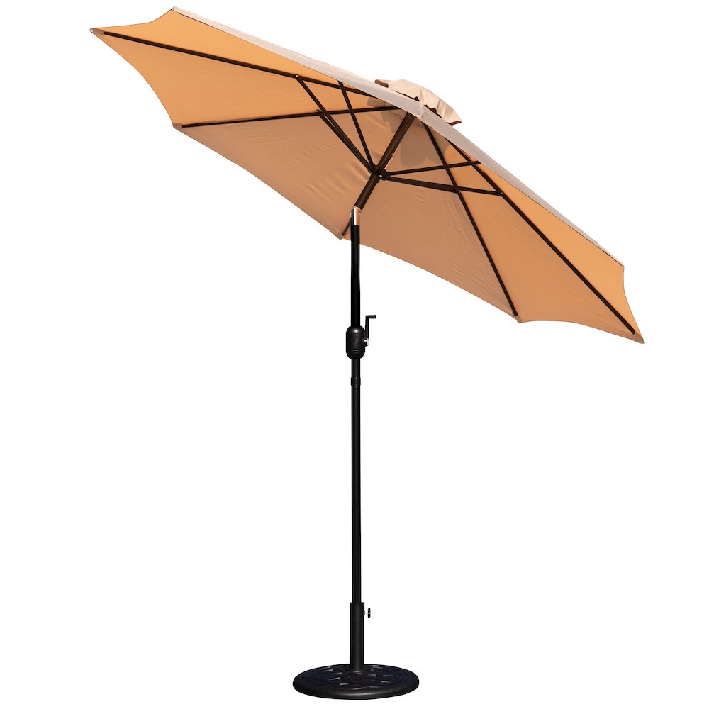 Tan 9 FT Round Umbrella with Crank and Tilt Function and Standing Umbrella Base. Picture 7
