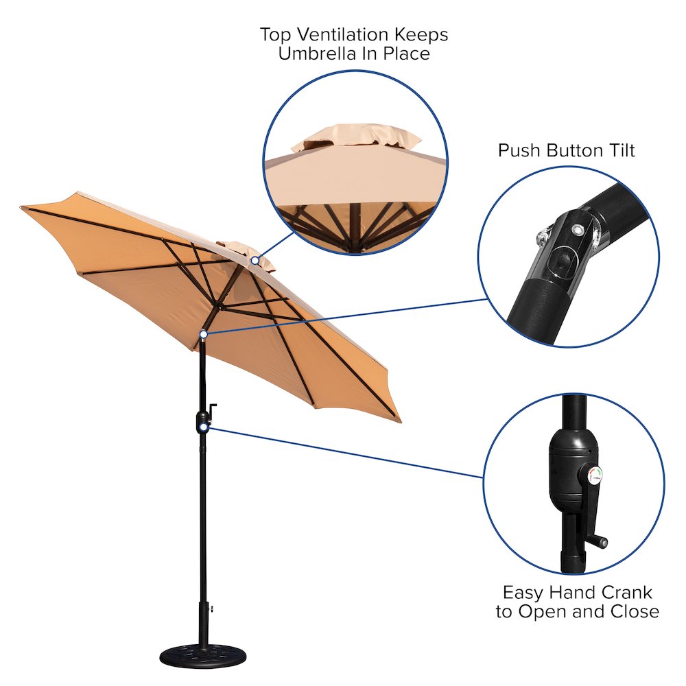Tan 9 FT Round Umbrella with Crank and Tilt Function and Standing Umbrella Base. Picture 5