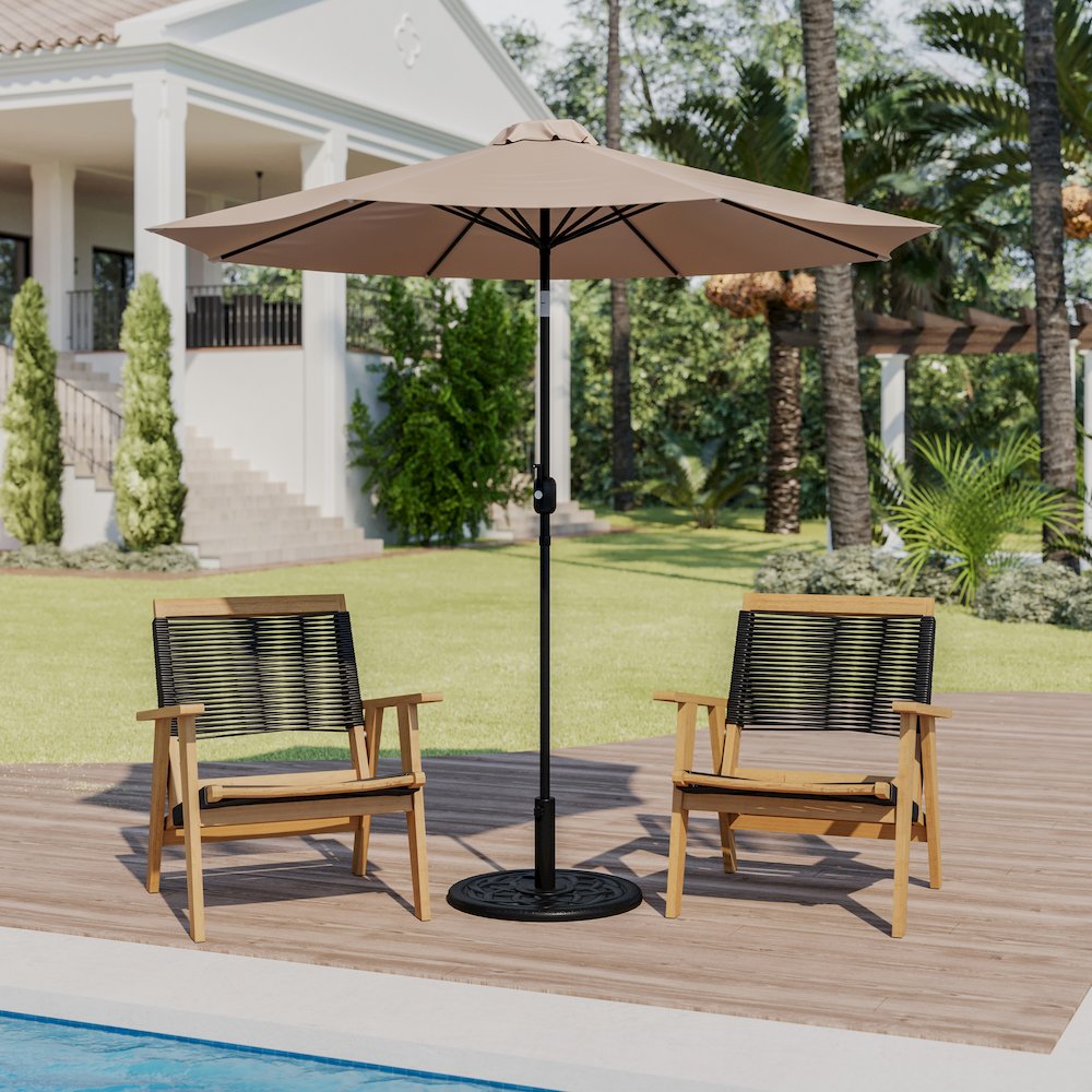 Tan 9 FT Round Umbrella with Crank and Tilt Function and Standing Umbrella Base. Picture 2