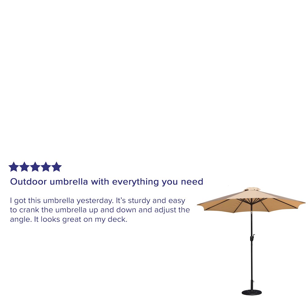 Tan 9 FT Round Umbrella with Crank and Tilt Function and Standing Umbrella Base. Picture 4
