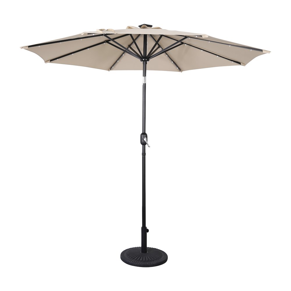 9 FT Round Umbrella with 32 Solar LED Lights and Crank in Tan. Picture 1