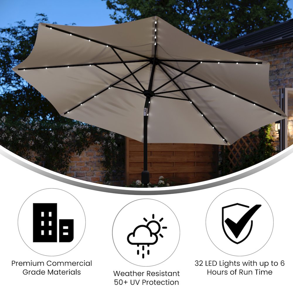 9 FT Round Umbrella with 32 Solar LED Lights and Crank in Tan. Picture 4
