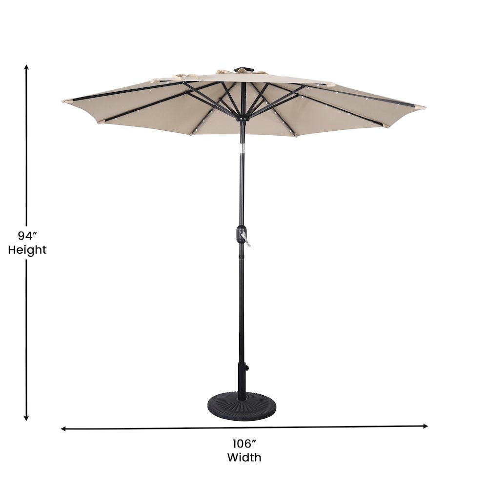 9 FT Round Umbrella with 32 Solar LED Lights and Crank in Tan. Picture 5