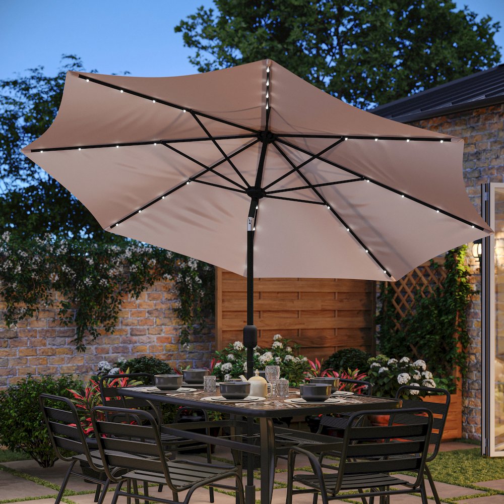 9 FT Round Umbrella with 32 Solar LED Lights and Crank in Tan. Picture 6