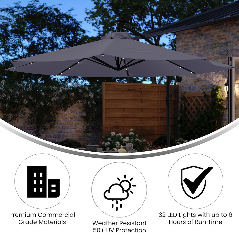 Commercial Grade 10 ft Round Solar LED Patio Cantilever Umbrella, Gray. Picture 4