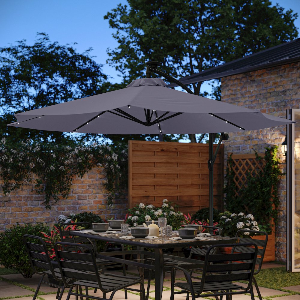 Commercial Grade 10 ft Round Solar LED Patio Cantilever Umbrella, Gray. Picture 6