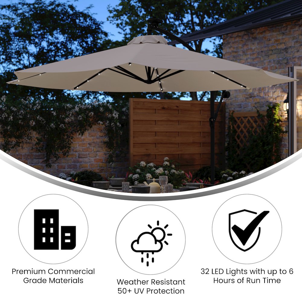 Commercial Grade 10 ft Round Solar LED Patio Cantilever Umbrella, Tan. Picture 4