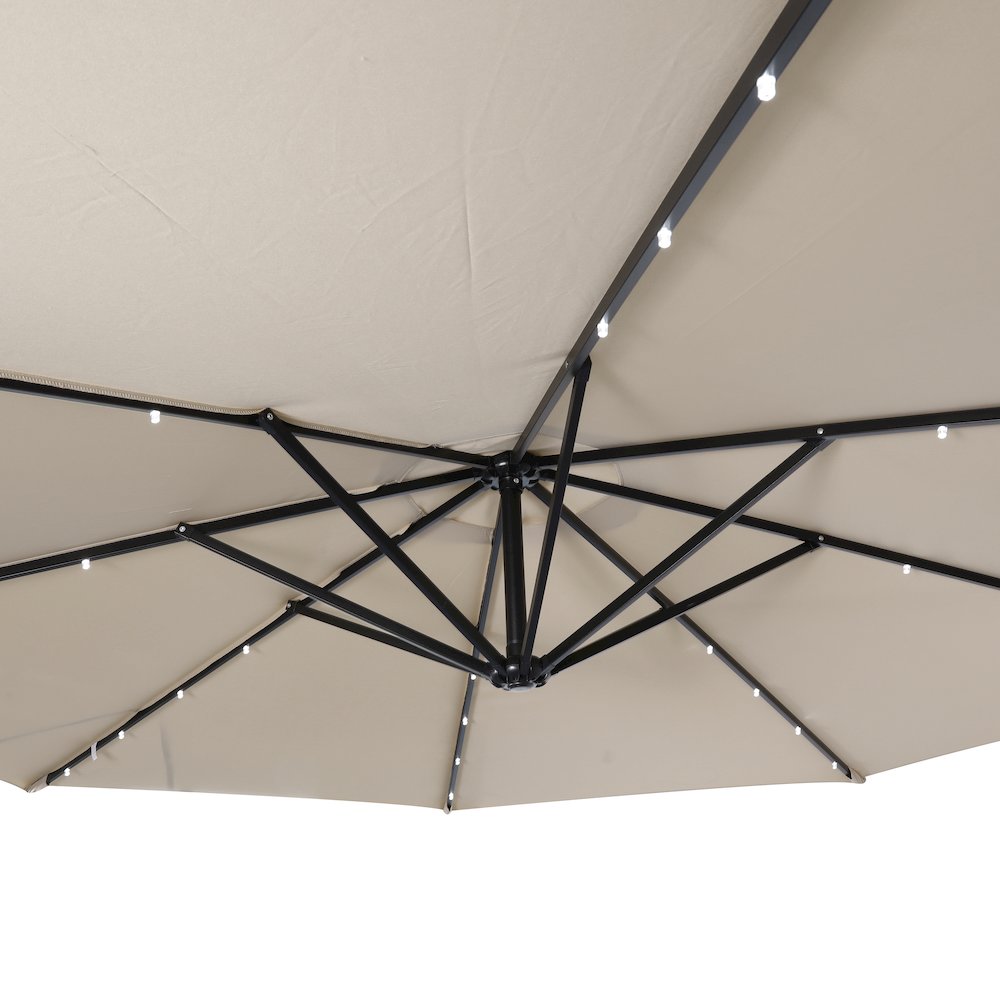 Commercial Grade 10 ft Round Solar LED Patio Cantilever Umbrella, Tan. Picture 11