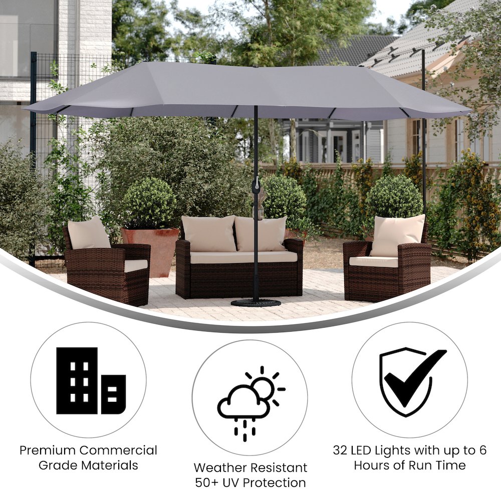 15 FT Triple Head Patio Umbrella with Crank and Easy Lift Functionality in Gray. Picture 4