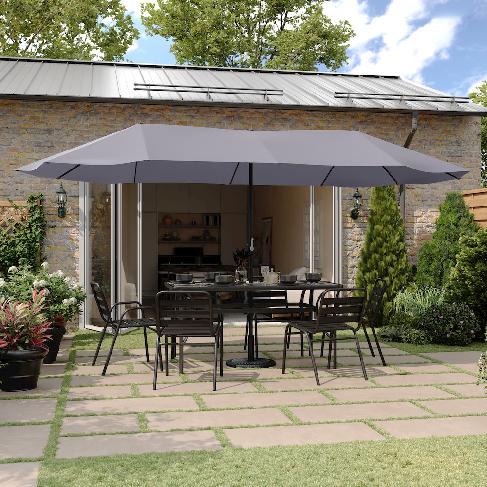 15 FT Triple Head Patio Umbrella with Crank and Easy Lift Functionality in Gray. Picture 3
