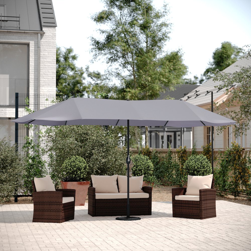 15 FT Triple Head Patio Umbrella with Crank and Easy Lift Functionality in Gray. Picture 6