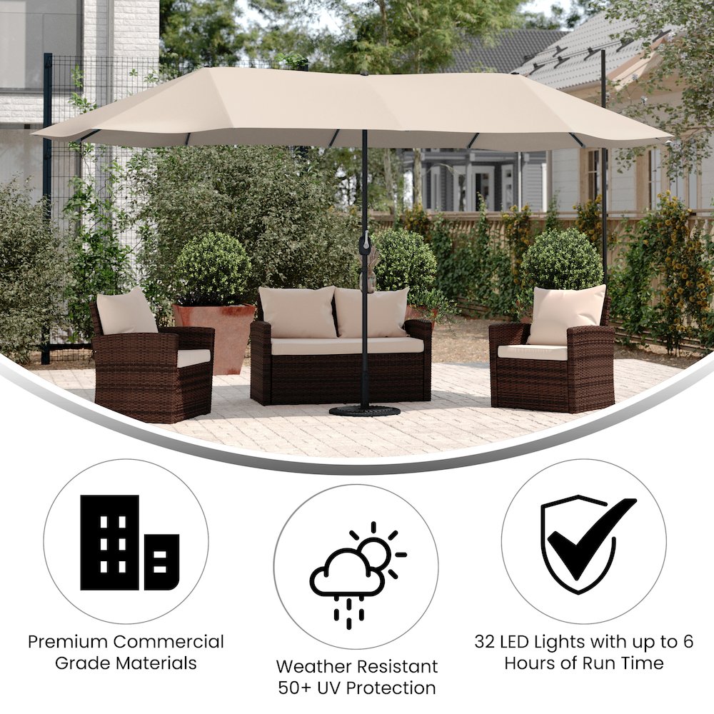 15 FT Triple Head Patio Umbrella with Crank and Easy Lift Functionality in Tan. Picture 4
