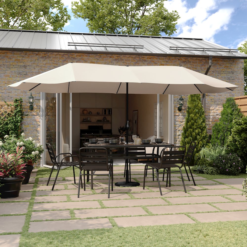 15 FT Triple Head Patio Umbrella with Crank and Easy Lift Functionality in Tan. Picture 3