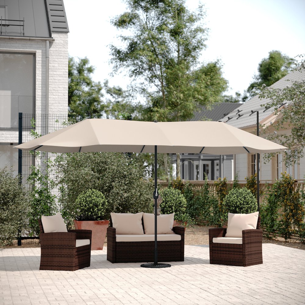 15 FT Triple Head Patio Umbrella with Crank and Easy Lift Functionality in Tan. Picture 6