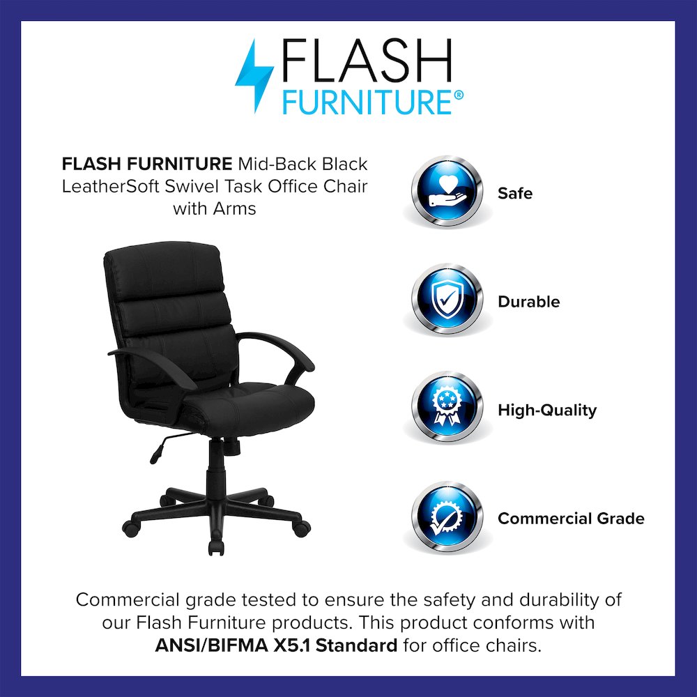 Mid-Back Black LeatherSoft Swivel Task Office Chair with Arms. Picture 4