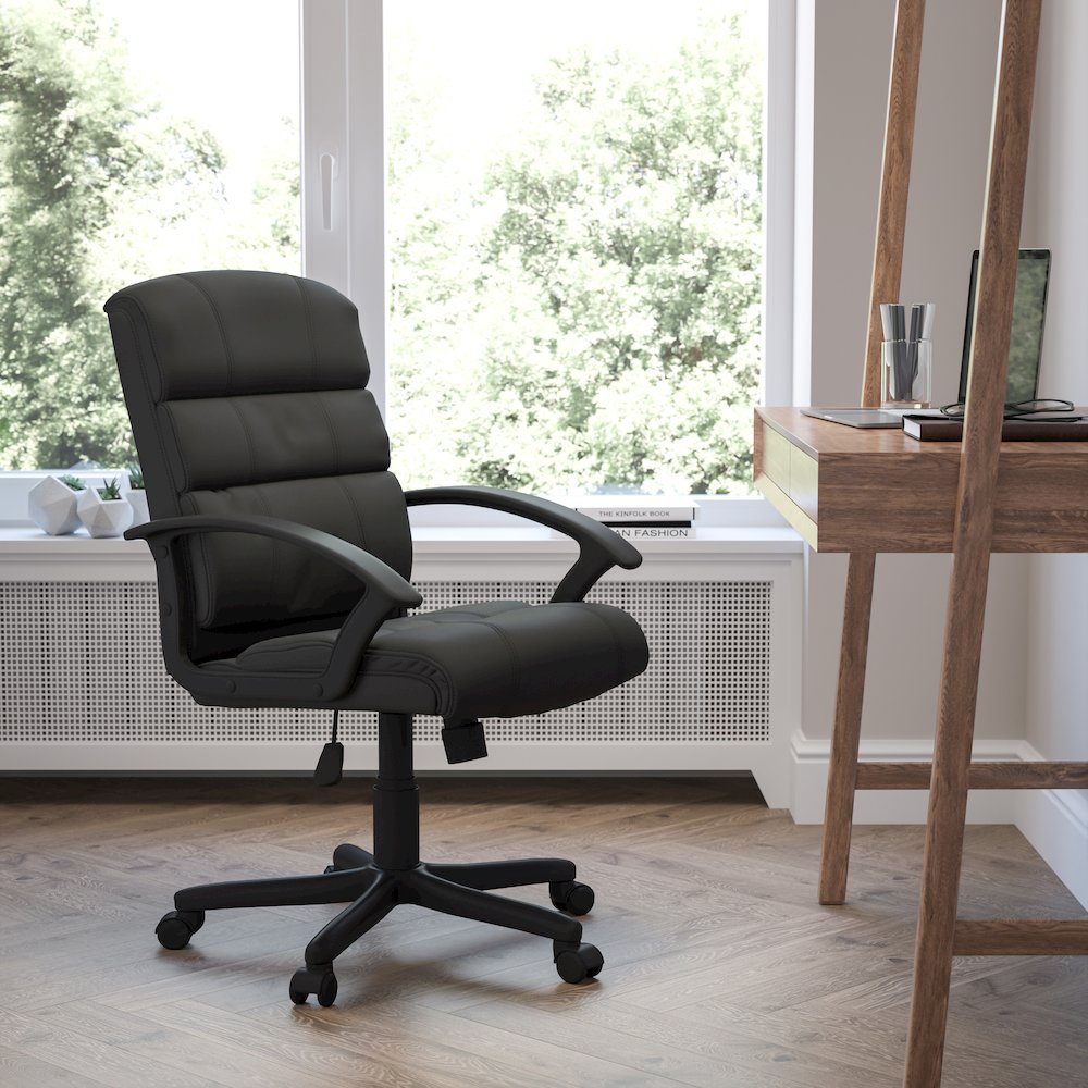 Mid-Back Black LeatherSoft Swivel Task Office Chair with Arms. Picture 2