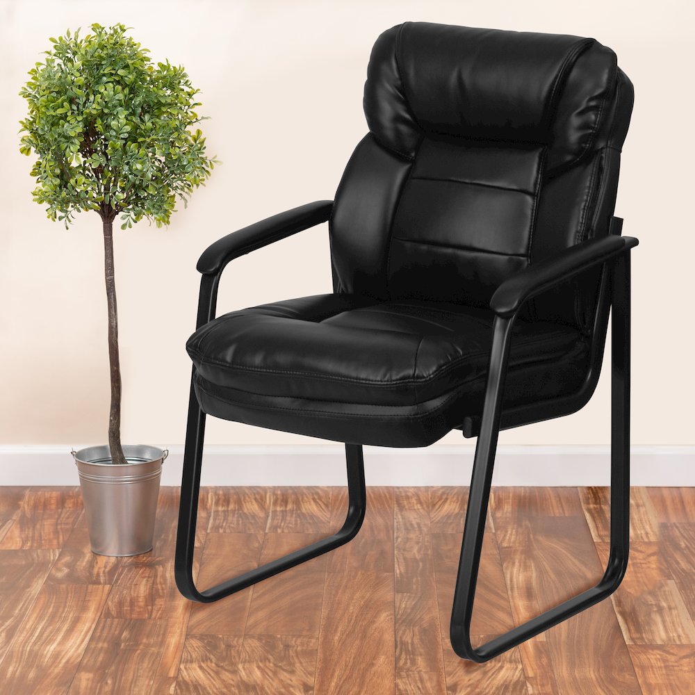 Black Executive Side Reception Chair with Lumbar Support and Sled Base. Picture 2