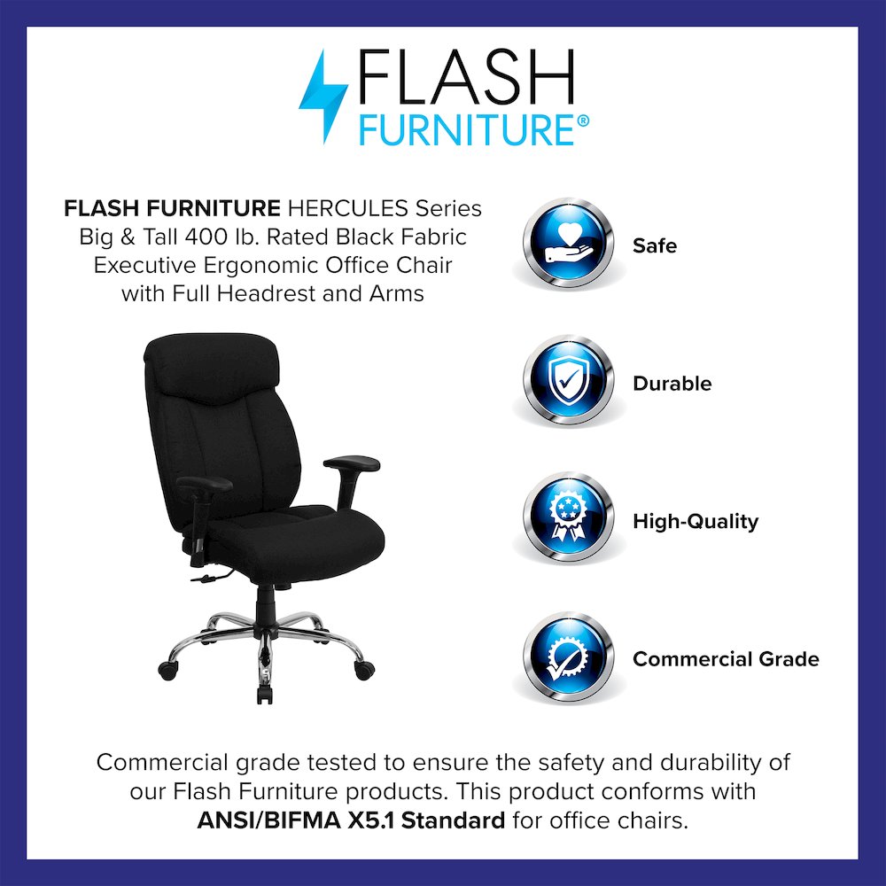 400 lb. Rated Black Fabric Executive Office Chair with Full Headrest and Arms. Picture 6