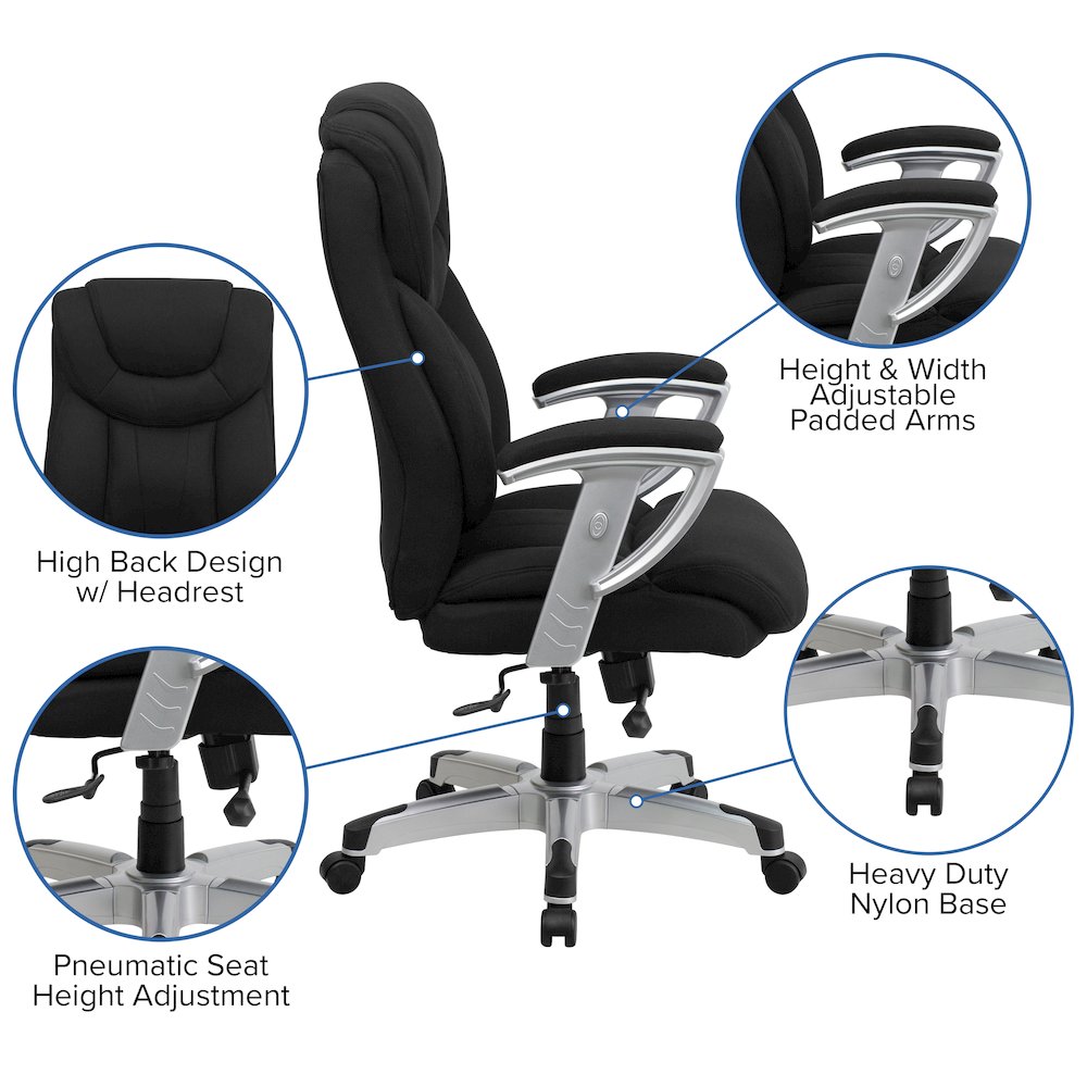 400 lb. Rated Black Fabric Executive Office Chair with Silver Adjustable Arms. Picture 6