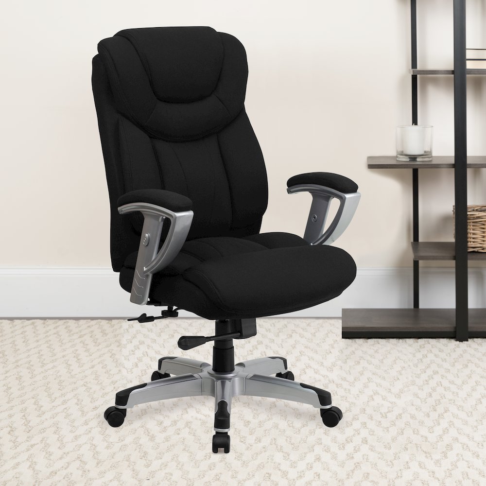400 lb. Rated Black Fabric Executive Office Chair with Silver Adjustable Arms. Picture 2