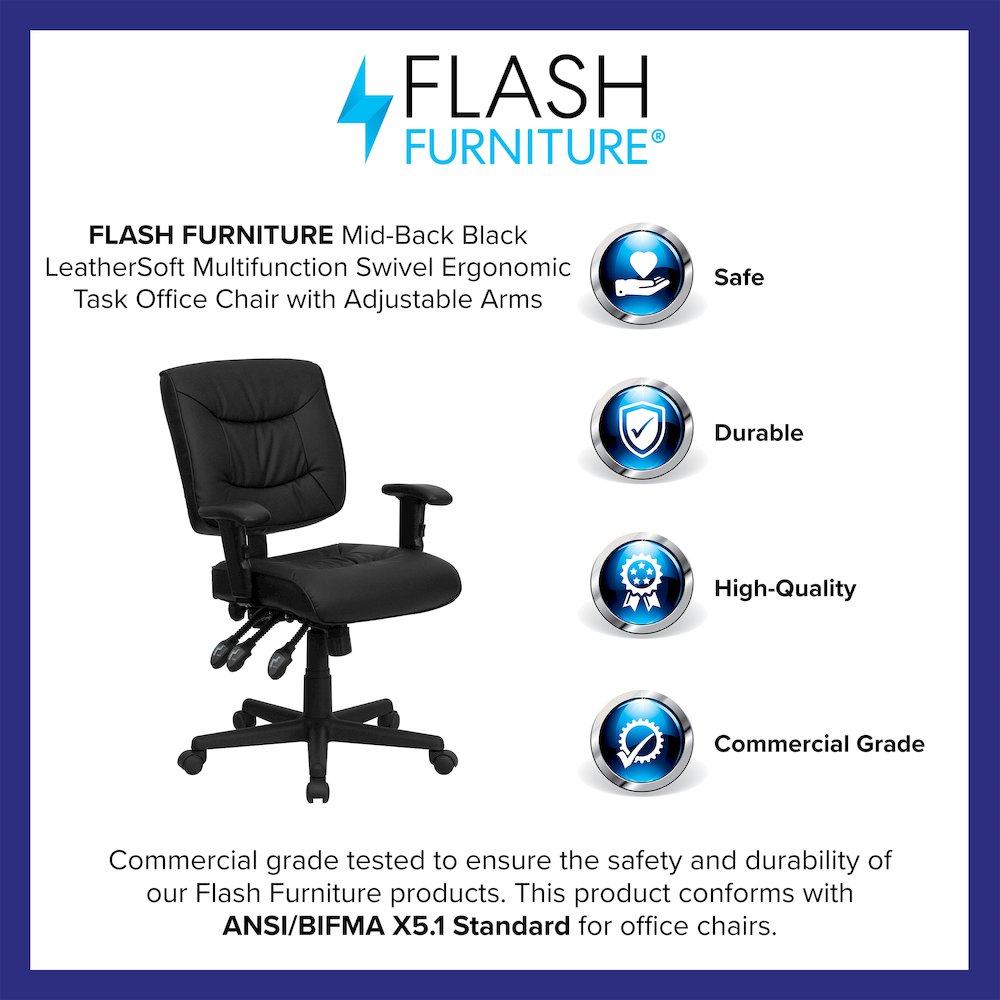 Mid-Back Black Multifunction Swivel Task Office Chair with Adjustable Arms. Picture 4