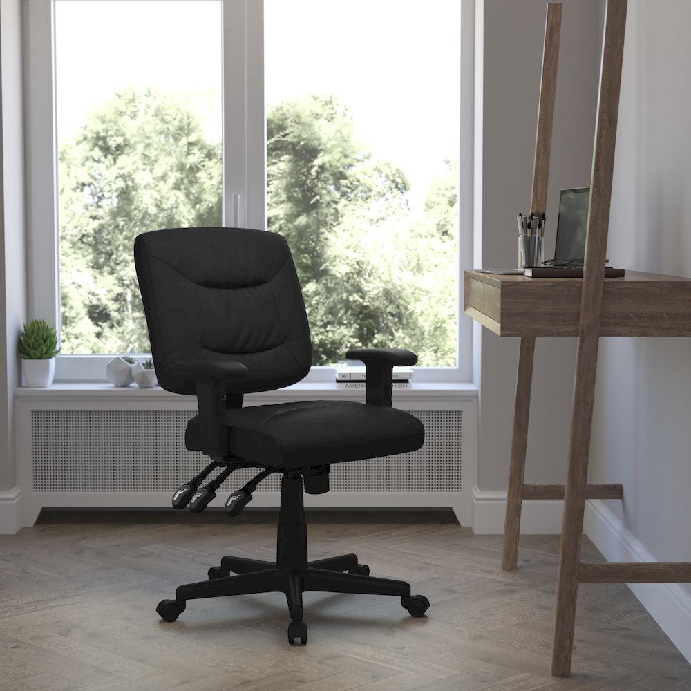 Mid-Back Black Multifunction Swivel Task Office Chair with Adjustable Arms. Picture 2