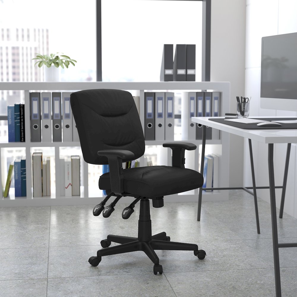 Mid-Back Black Multifunction Swivel Task Office Chair with Adjustable Arms. Picture 5