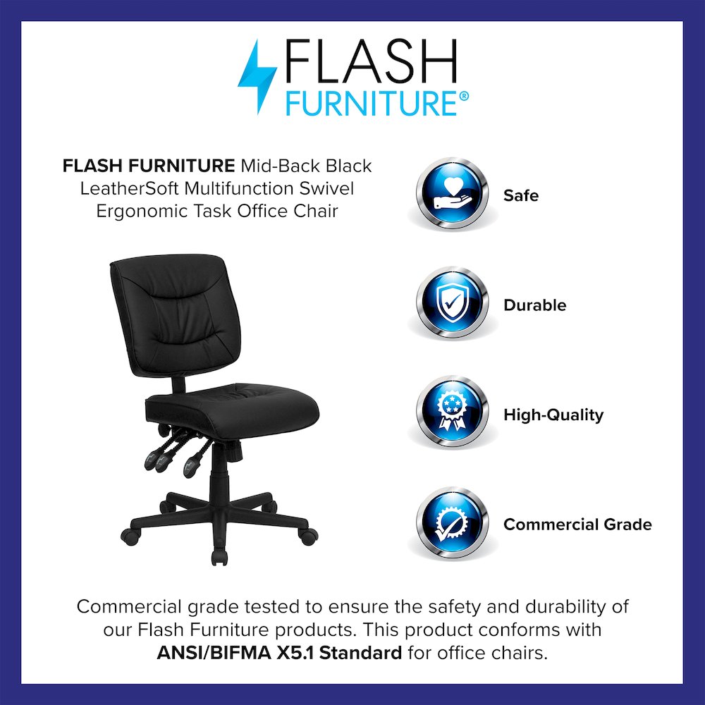 Mid-Back Black LeatherSoft Multifunction Swivel Ergonomic Task Office Chair. Picture 4