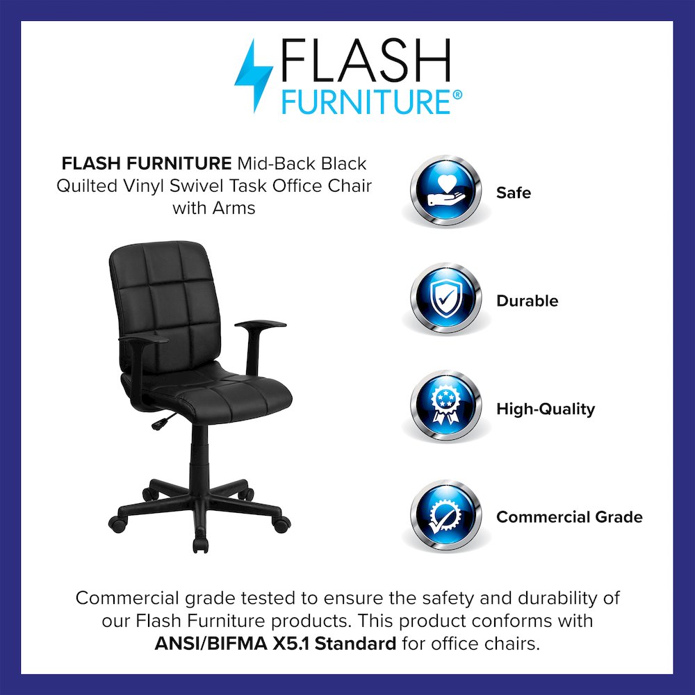 Mid-Back Black Quilted Vinyl Swivel Task Office Chair with Arms. Picture 4