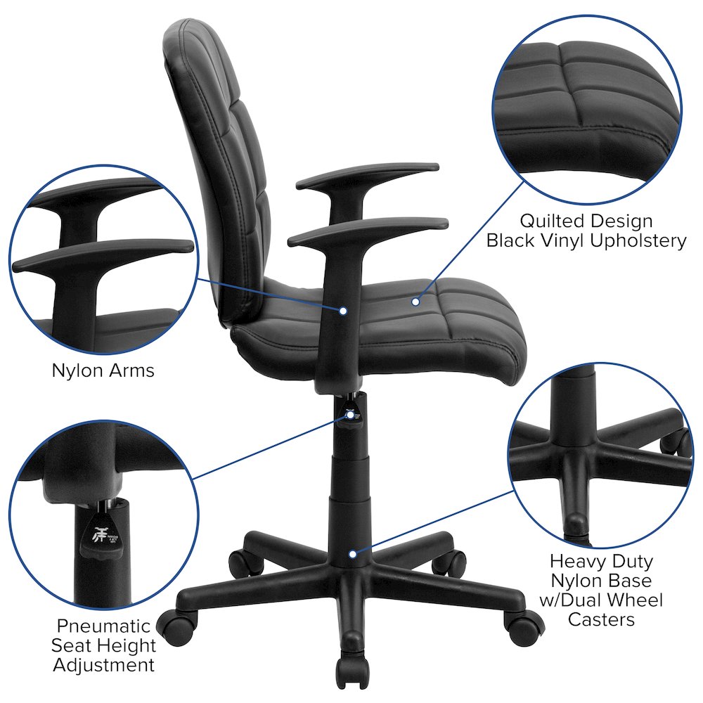 Mid-Back Black Quilted Vinyl Swivel Task Office Chair with Arms. Picture 6