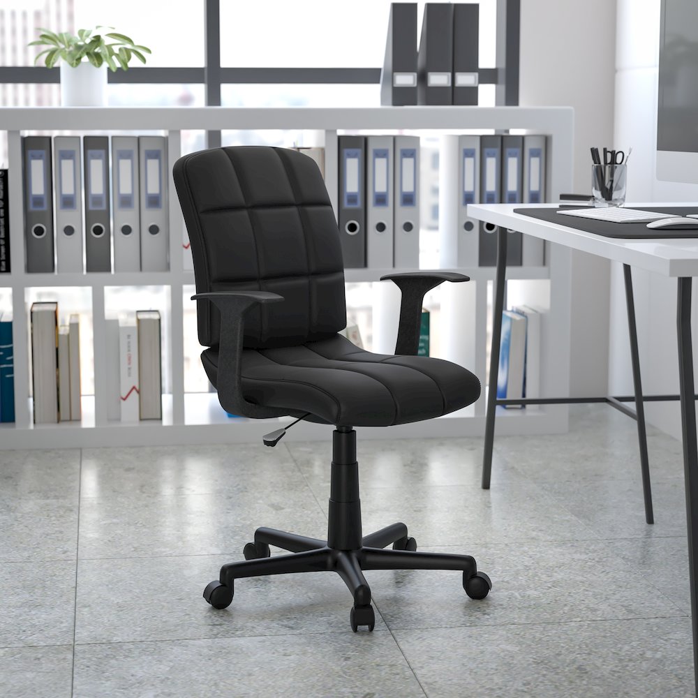 Mid-Back Black Quilted Vinyl Swivel Task Office Chair with Arms. Picture 2