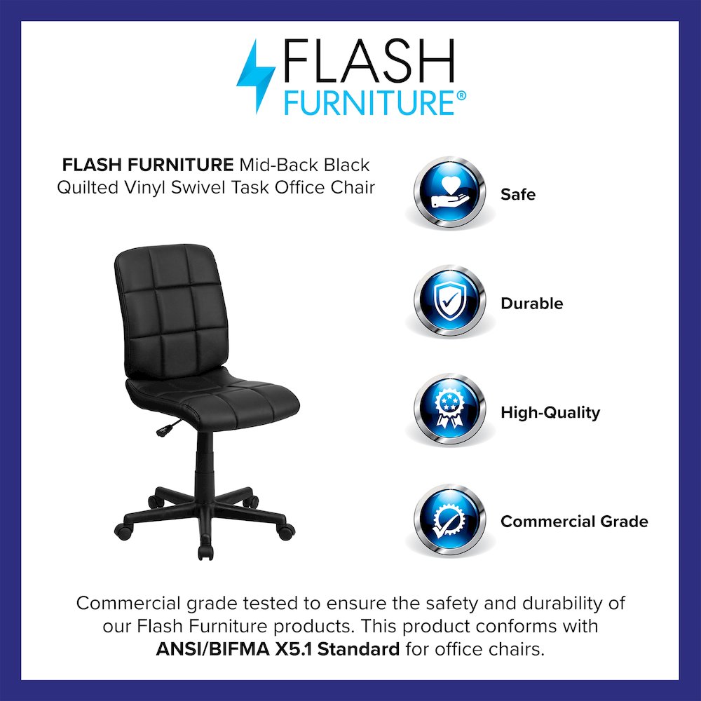 Mid-Back Black Quilted Vinyl Swivel Task Office Chair. Picture 4