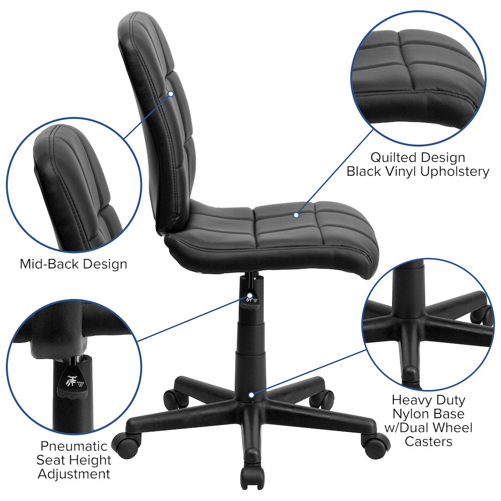 Mid-Back Black Quilted Vinyl Swivel Task Office Chair. Picture 6
