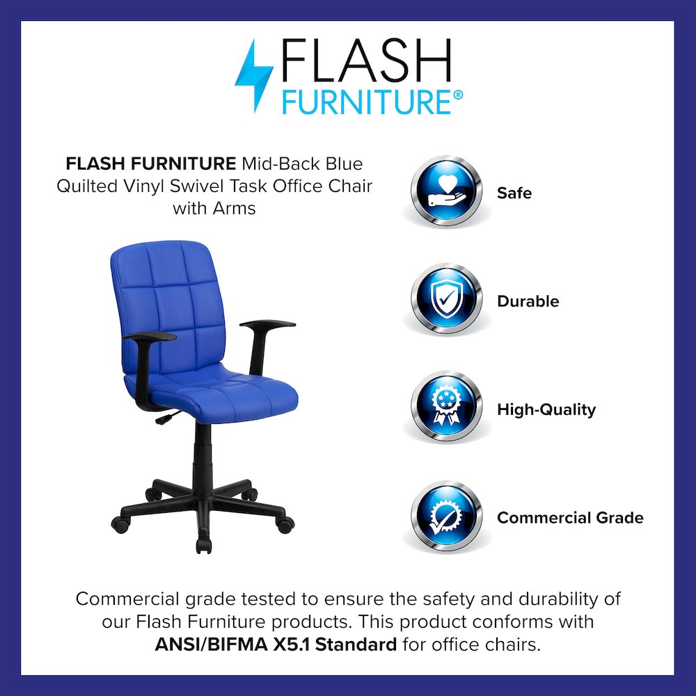 Mid-Back Blue Quilted Vinyl Swivel Task Office Chair with Arms. Picture 4