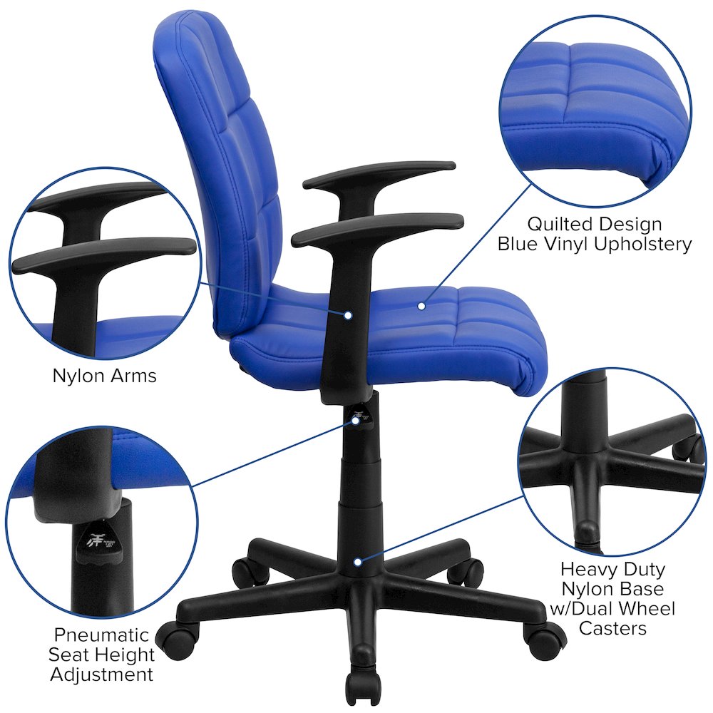 Mid-Back Blue Quilted Vinyl Swivel Task Office Chair with Arms. Picture 6