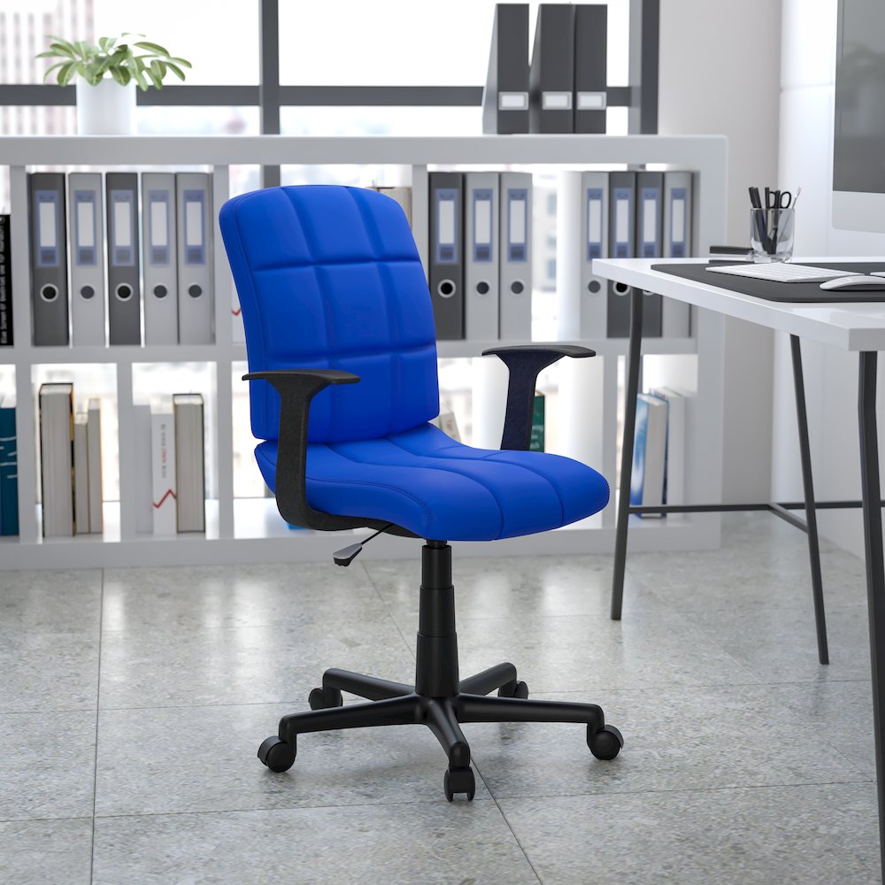 Mid-Back Blue Quilted Vinyl Swivel Task Office Chair with Arms. Picture 7