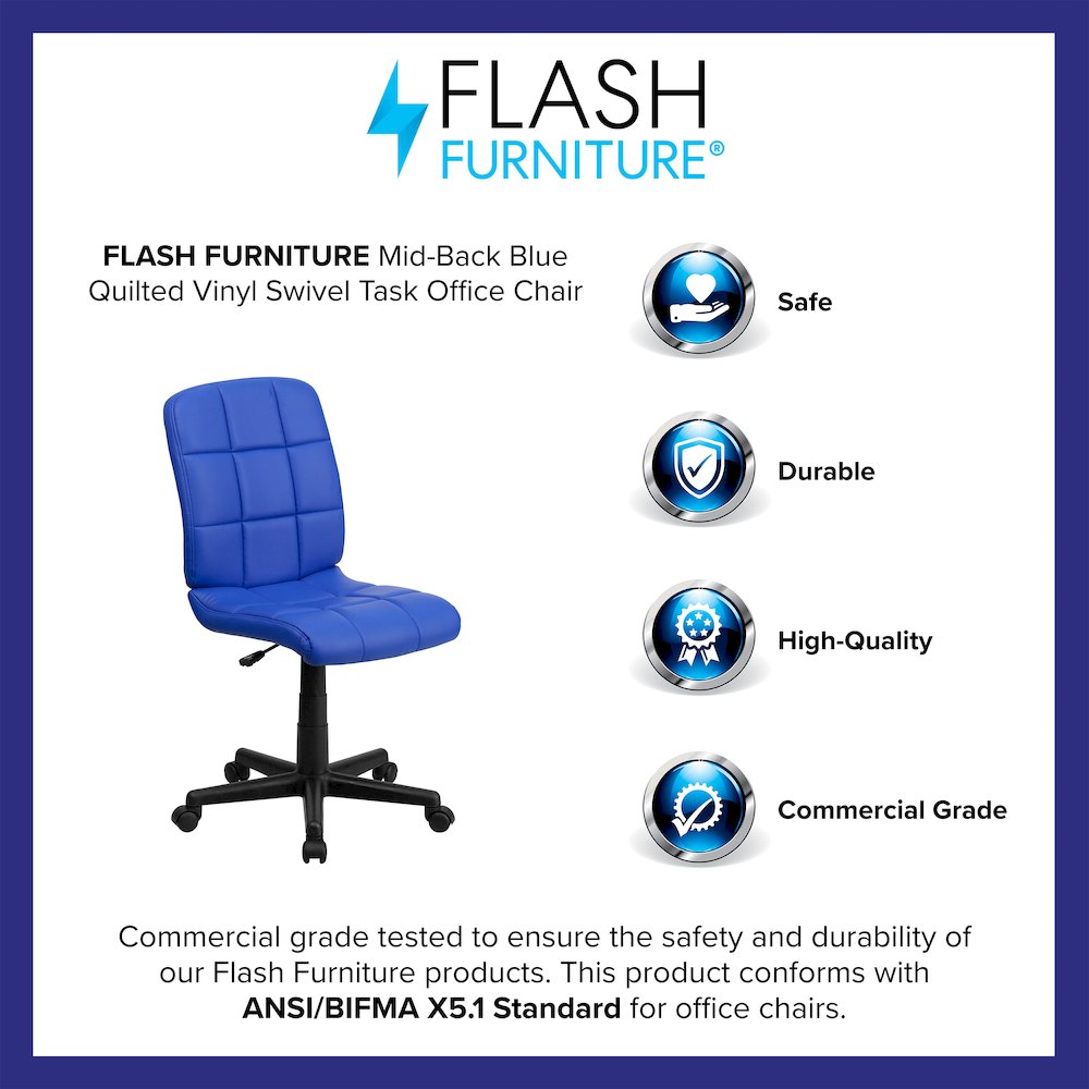 Mid-Back Blue Quilted Vinyl Swivel Task Office Chair. Picture 4