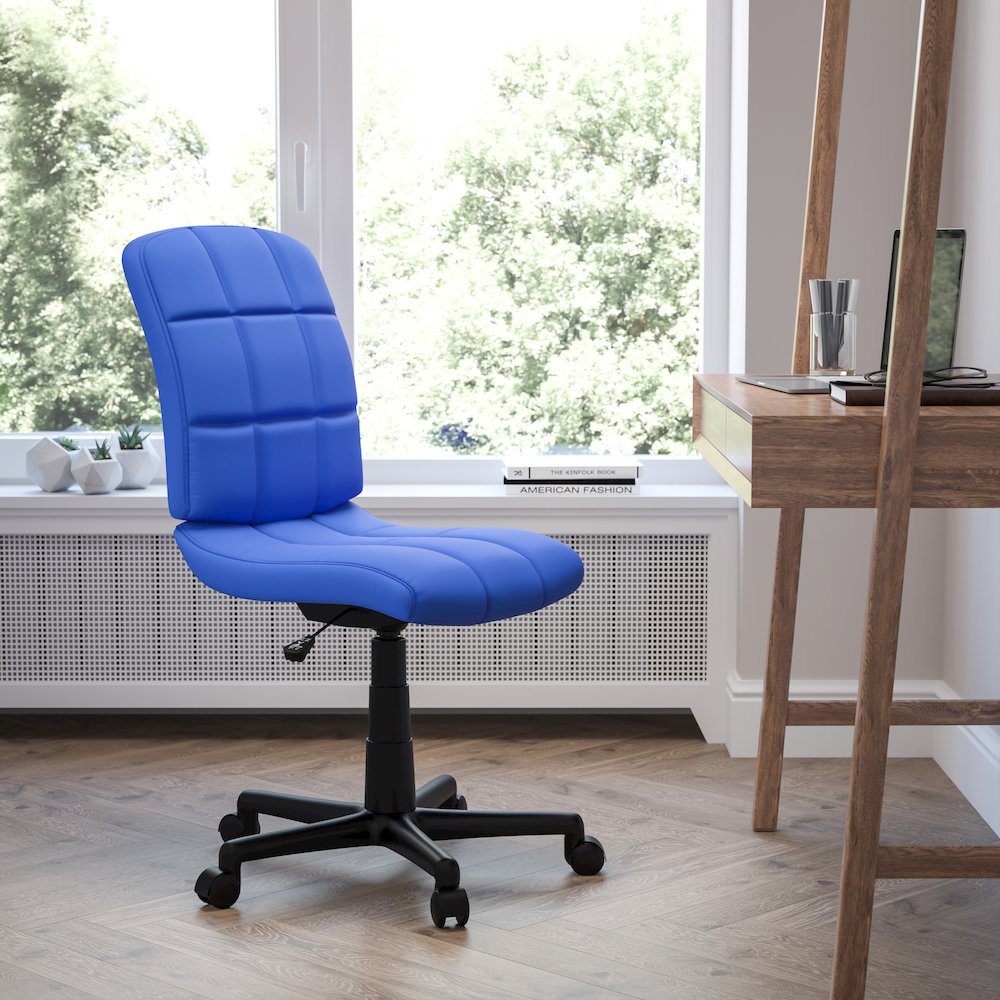 Mid-Back Blue Quilted Vinyl Swivel Task Office Chair. Picture 2