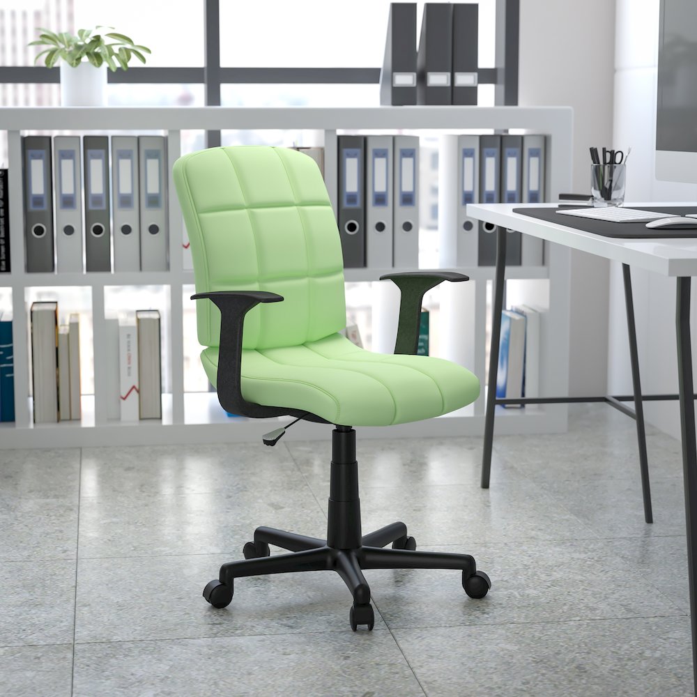Mid-Back Green Quilted Vinyl Swivel Task Office Chair with Arms. Picture 2