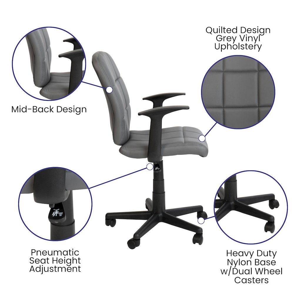Mid-Back Gray Quilted Vinyl Swivel Task Office Chair with Arms. Picture 6