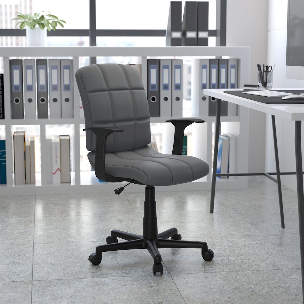 Mid-Back Gray Quilted Vinyl Swivel Task Office Chair with Arms. Picture 2