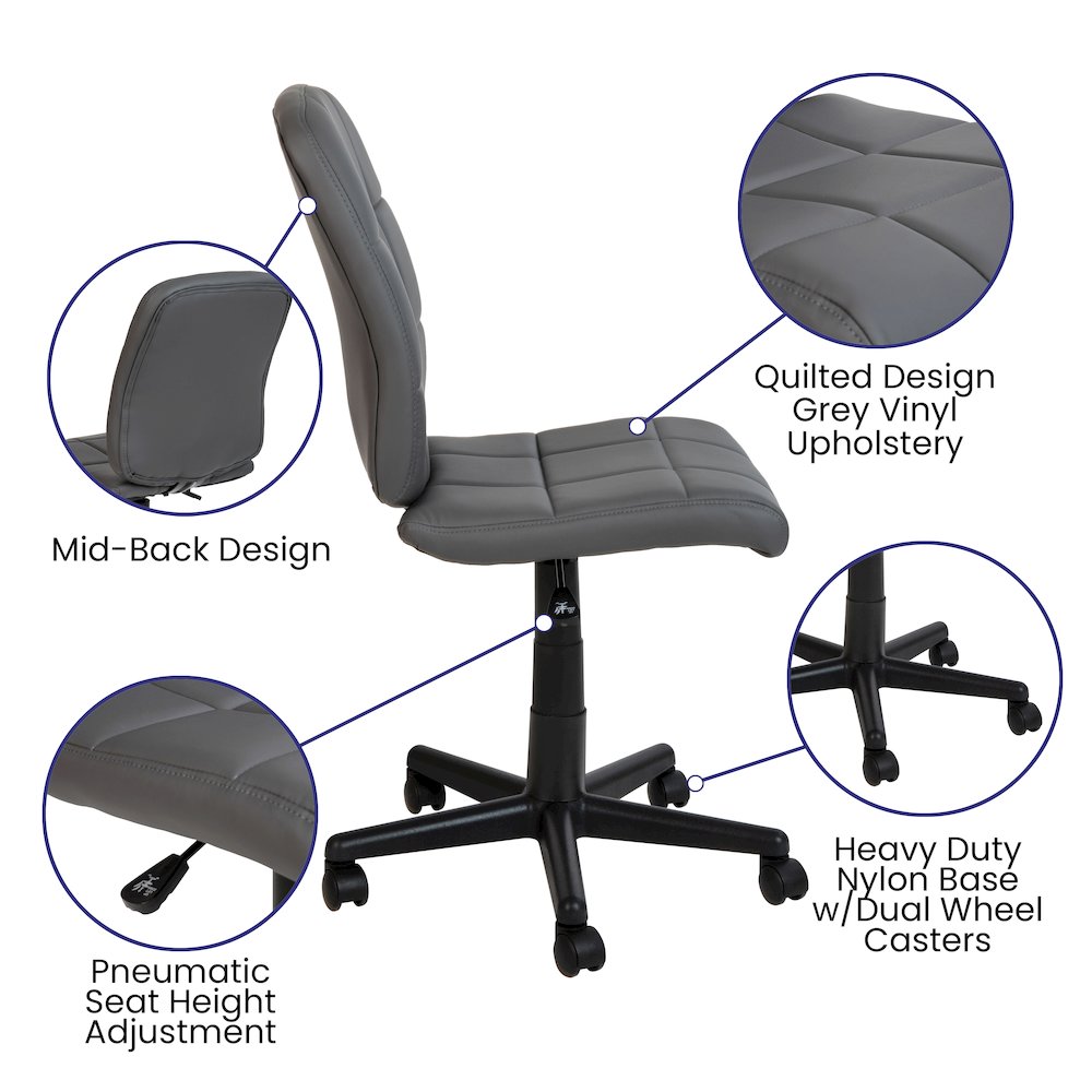 Mid-Back Gray Quilted Vinyl Swivel Task Office Chair. Picture 6