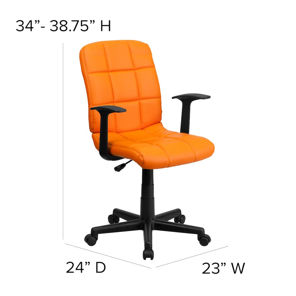 Mid-Back Orange Quilted Vinyl Swivel Task Office Chair with Arms. Picture 7