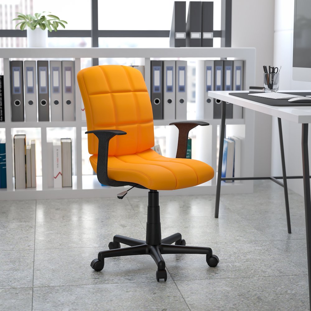 Mid-Back Orange Quilted Vinyl Swivel Task Office Chair with Arms. Picture 2