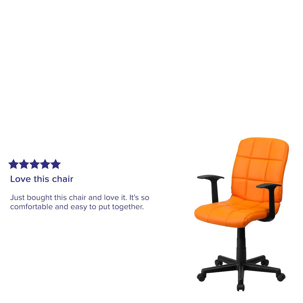 Mid-Back Orange Quilted Vinyl Swivel Task Office Chair with Arms. Picture 5