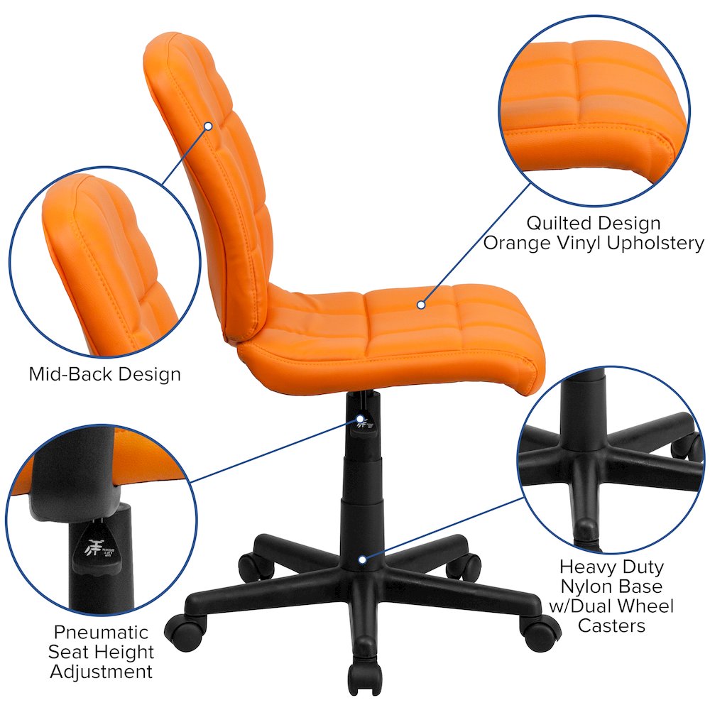 Mid-Back Orange Quilted Vinyl Swivel Task Office Chair. Picture 6