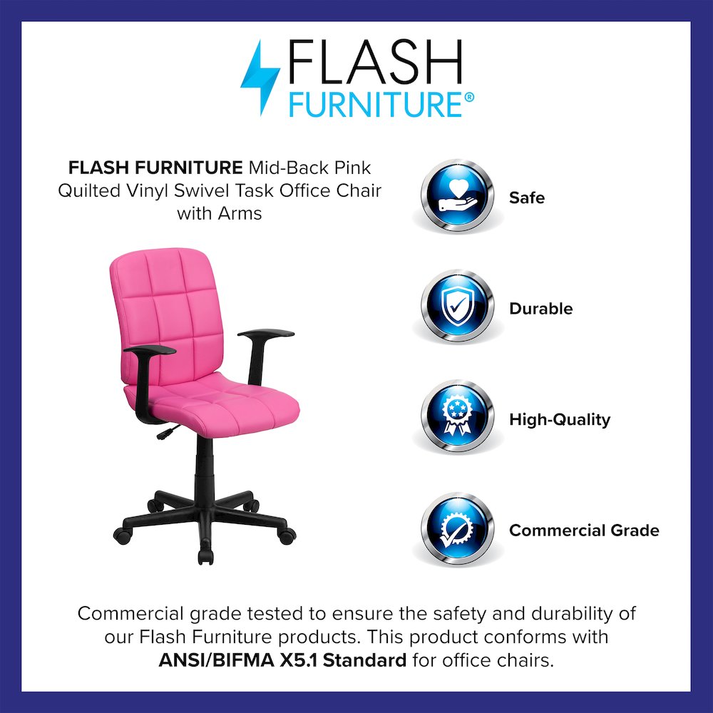 Mid-Back Pink Quilted Vinyl Swivel Task Office Chair with Arms. Picture 4